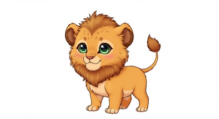愛らしい瞳で正面を見つめるふわふわの小さな子ライオン 明るい白背景に可愛らしく立つデジタルイラスト. AI Generated