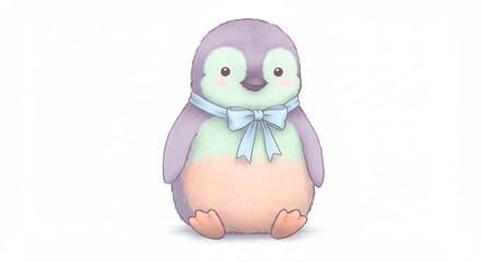 魅力的なパステルカラーで彩られたふわふわの赤ちゃんペンギンの愛らしいイラストが白い背景に映え水色のリボンをつけ柔らかな光に包まれ穏やかに座る. AI Generated