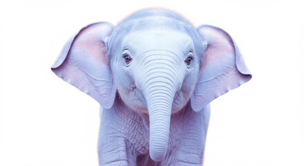真っ白な背景に浮かび上がる愛らしい青白い子象優しい光に包まれ純粋な瞳でまっすぐ見つめる夢のような動物ポートレート. AI Generated