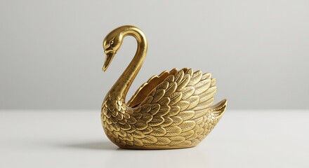 柔らかな光を浴び輝く金色の白鳥の置物 優雅な曲線と繊細な彫刻が美しい上品なアンティーク風装飾. AI Generated
