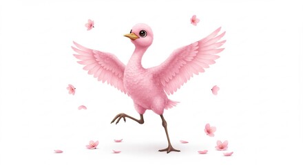 ふんわりピンクのひなが優雅に羽を広げ舞い踊る幻想的な春の光景散りゆく花びらが彩る癒やしのアートワーク. AI Generated