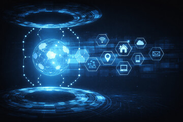 AI generated digital connectivity concept with glowing data globe and smart icons representing iot networks cloud platforms and automated systems with clean copy space