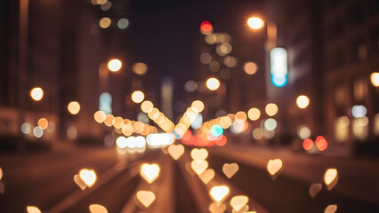 Heart shaped Bokeh Lights Illuminate a Blurred City Street at Night