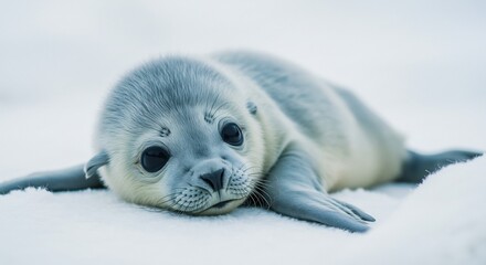 冷たく広がる真っ白な雪原にそっと横たわるふわふわの毛並みが愛らしいアザラシの赤ちゃん澄み切った冬の柔らかな光が優しく全身を照らし無垢な瞳がそっと未来を見つめる. AI Generated