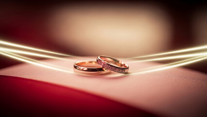 Elegant Gold Wedding Rings with Diamonds and Glowing Light Streaks