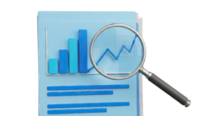 Magnifying glass examining a bar and line graph