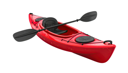 A vibrant, red recreational kayak with a matching paddle set against a black background