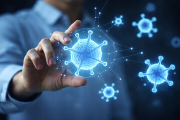 AI generated human hand pointing at digital blue virus hologram network lines data nodes biomedical technology infection control pandemic monitoring healthcare innovation virus analysis