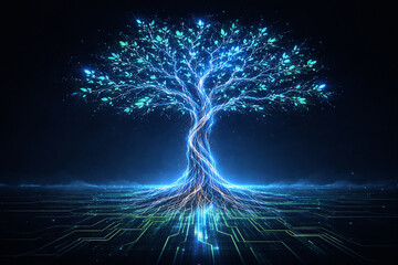 AI generated digital energy tree glowing blue and green circuit roots and neural branches symbolizing artificial intelligence digital networks sustainable technology knowledge growth and innovation