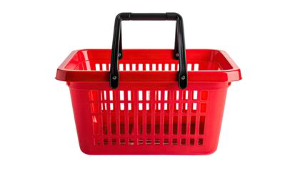 A vibrant red shopping basket with a black handle, isolated on a stark, black background