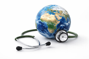 AI generated 3D Earth globe with stethoscope wrapped around clean white background symbolizing global health planetary care public health awareness environmental protection sustainability healthcare