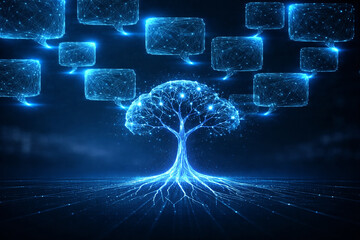 AI generated glowing digital tree connected to floating data blocks representing cloud computing blockchain data networks artificial intelligence digital transformation and future information systems