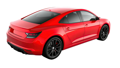 A vibrant red, streamlined sedan viewed from the rear corner, with dark wheels, on a plain background