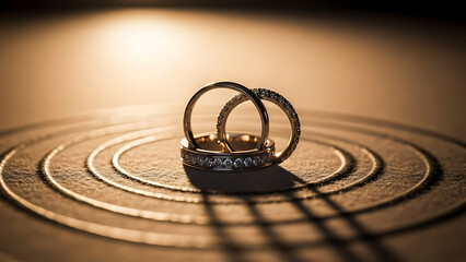 Elegant Gold Wedding Rings with Diamonds on a Textured Surface with Warm Light