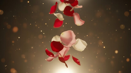 Beautiful Red and Pink Rose Petals Falling with Golden Bokeh