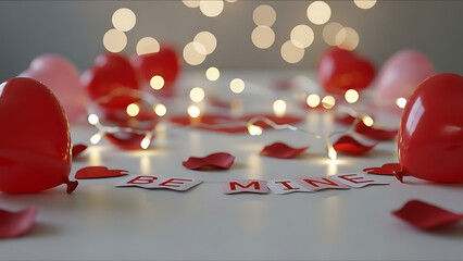 Romantic be Mine Banner with Balloons, Petals, and Bokeh Lights