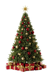 majestic, symmetrical evergreen christmas tree with luxury ruby and gold ornaments, presents at base, isolated on a transparent background, zero shadow studio shot. concept of modern christmas