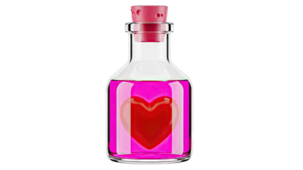 Glass bottle with pink liquid and red heart