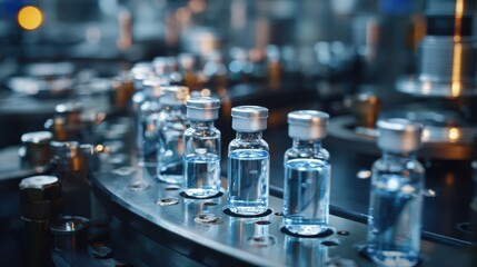 Medical vials on production line at pharmaceutical factory, Pharmaceutical machine working pharmaceutical glass bottles production line, health care, pandemic