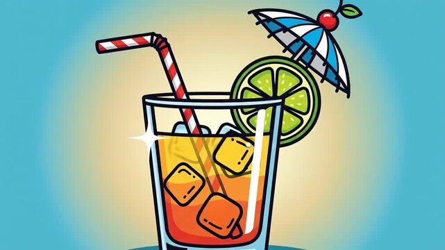 Bright illustrated cocktail glass with ice, lime, umbrella, and straw on gradient blue background.