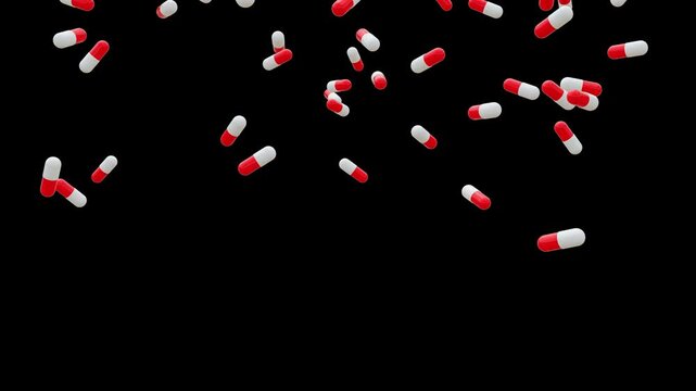 Pills and capsules tablets medication falling on black background. dynamic arrangement medicine concept 4k footage for stock video. Drugs, pills, antibiotics, vitamins, healthcare, concept. 