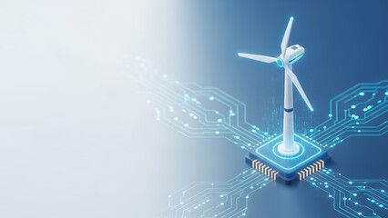 Digital wind turbine on a microchip, symbolizing sustainable energy innovation, green technology, and the future of renewable power systems.