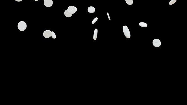 Pills and capsules tablets medication falling on black background. dynamic arrangement medicine concept 4k footage for stock video. Drugs, pills, antibiotics, vitamins, healthcare, concept. 
