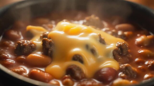 Closeup of a delicious chili con carne with melted cheese being poured over it creating a mouthwatering culinary experience. 4k Food Footage Video