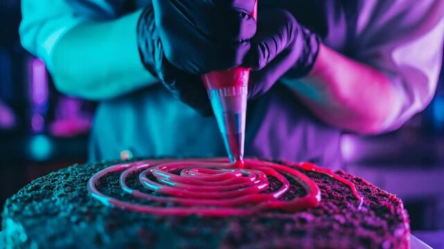 Close up of hands decorating cake with vibrant colored icing in low light setting artistic approach