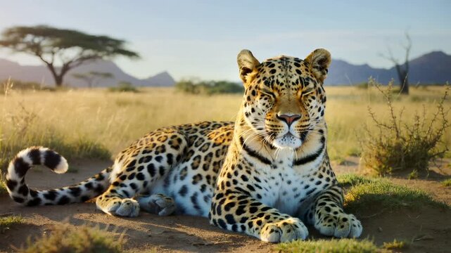 Leopard Sitting Peacefully in the Tall Grass of the African Savannah
