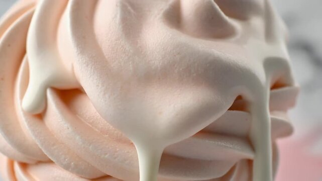 Closeup of a delicious pink soft serve ice cream with a white topping dripping down. 4k Food Footage Video