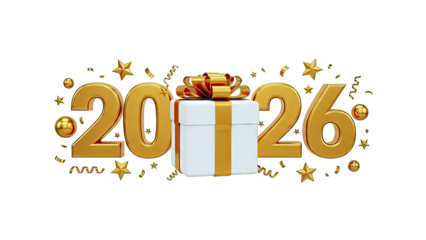 Golden 2026 with Gift Box and Festive Decorations