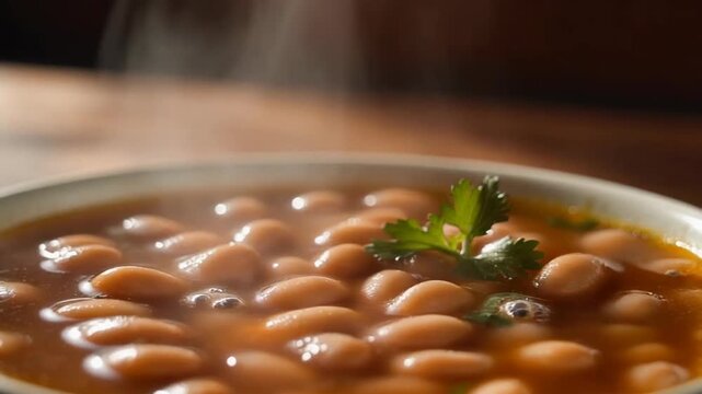 Closeup of a steaming bowl of pinto beans a hearty and comforting meal perfect for any occasion. 4k Food Footage Video