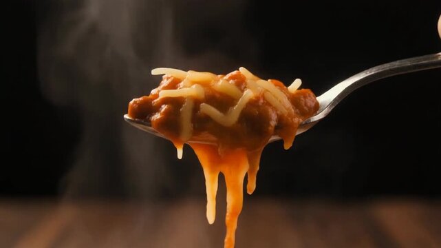Closeup of a steaming spoon of hot chili with melted cheese ready to eat. 4k Food Footage Video