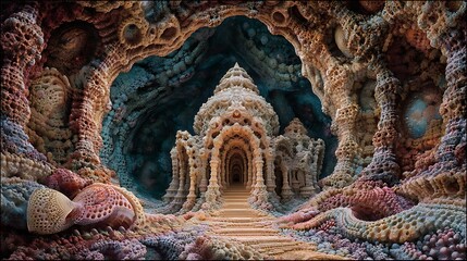 An ancient cathedral carved inside a giant seashell, bioluminescent light glowing from coral windows, fine art surrealism, deeply textured architecture, 
