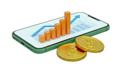 Mobile Finance App with Growing Chart and Gold Coins