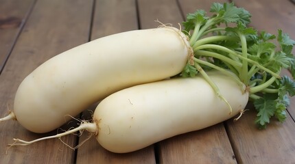 Two large white radishes were placed on a brown wooden surface