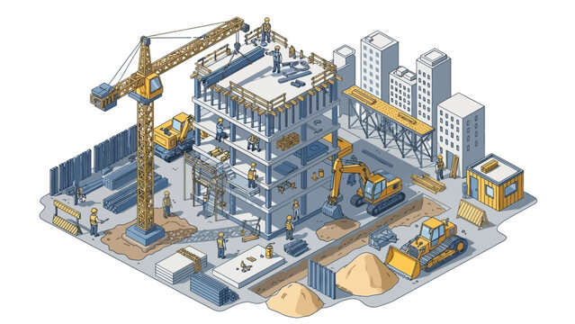 Industrial Construction Site with Crane and Buildings.