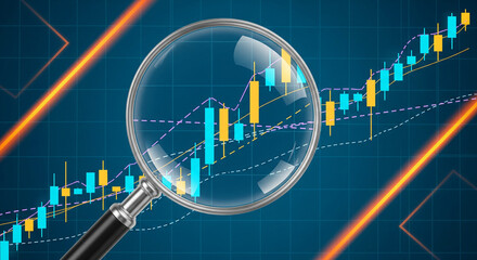 Magnifying glass over a stock market candlestick chart showing upward trend