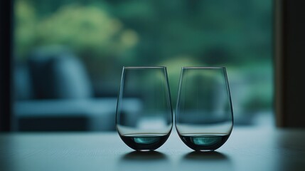 Obraz premium Two clear glasses stand on a table.