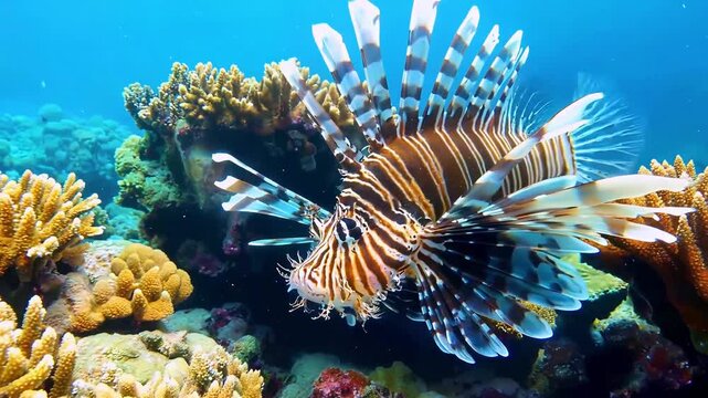 Beautiful lionfish swimming underwater among colorful coral reef in tropical ocean wildlife environment
