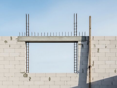 Concrete lintel and rebar on blockwork wall during building construction phase