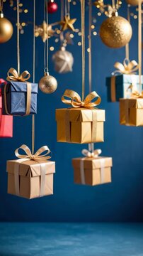 Festive assortment of dangling gifts and ornaments creating a celebratory atmosphere with bokeh lights on dark blue