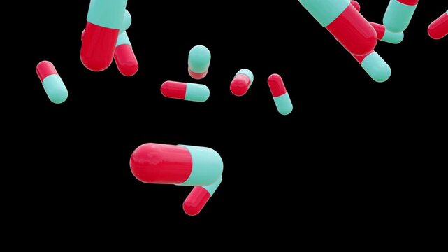 Pills and capsules tablets medication falling on black background. dynamic arrangement medicine concept 4k footage for stock video. Drugs, pills, antibiotics, vitamins, healthcare, concept. 