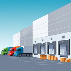 Warehouse with loading docks and trucks ready for delivery of goods.