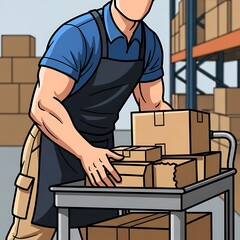 Warehouse worker arranging packages on a cart for delivery, logistics concept.