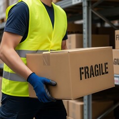 Warehouse worker carefully carrying a fragile package in a storage facility.