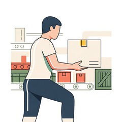 Warehouse worker carrying a cardboard box from a conveyor belt.