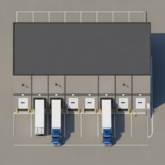 Warehouse Loading Dock Aerial View with Trucks and Parking.