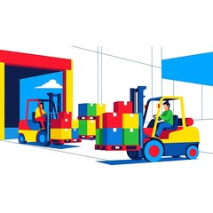Warehouse Logistics - Forklifts Transporting Colorful Boxes and Goods.